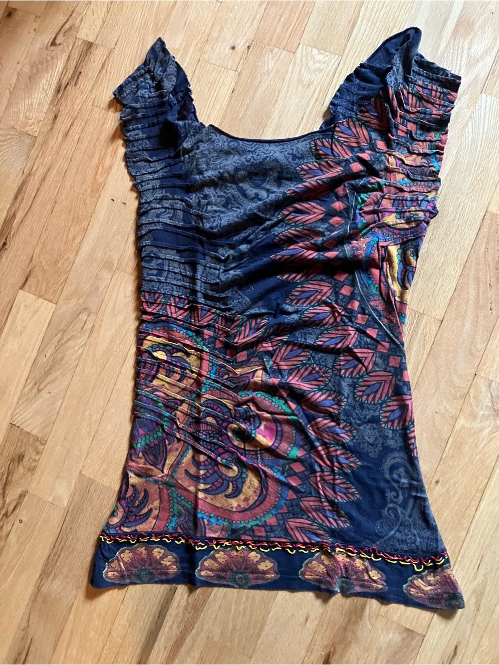 Desigual Navy Multicolor Paisley Scoop Neck Ruffle Sleeve Top